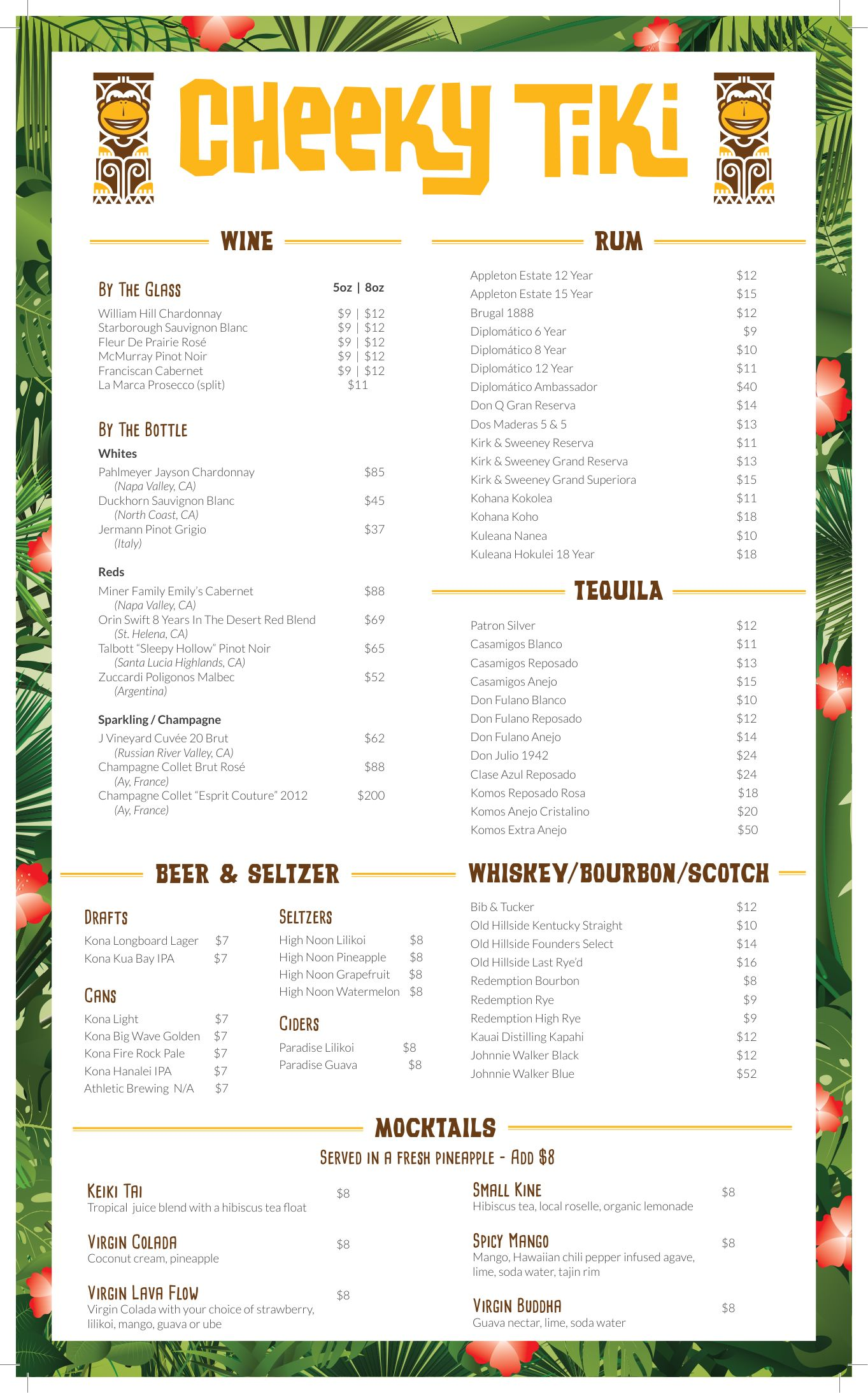 Cheeky Tiki menu — Wine, Beer & Spirits